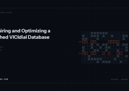 Grid of database blocks with two corrupted rows marked in red among intact rows.