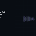 An audio waveform resolving into a grid of text lines, representing speech-to-text conversion.