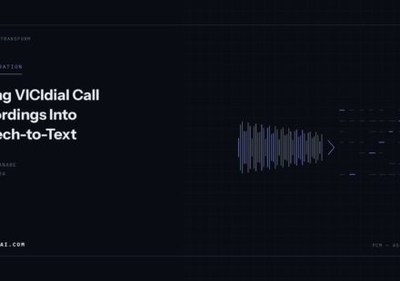 An audio waveform resolving into a grid of text lines, representing speech-to-text conversion.