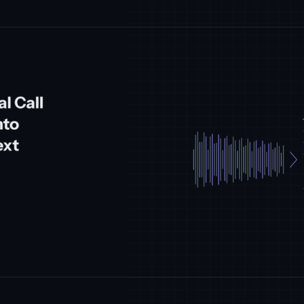 An audio waveform resolving into a grid of text lines, representing speech-to-text conversion.